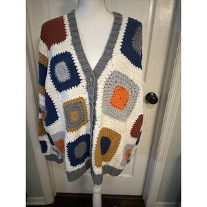 Crochet Granny Square Patchwork Cardigan Handmade Boho Sweater Women's 2-3X